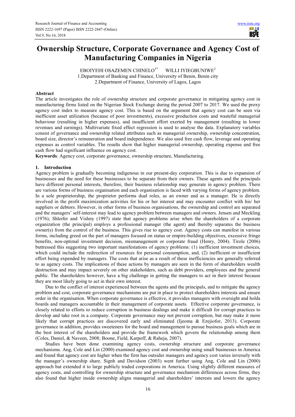 Ownership Structure, Corporate Governance and Agency Cost of Manufacturing Companies in Nigeria