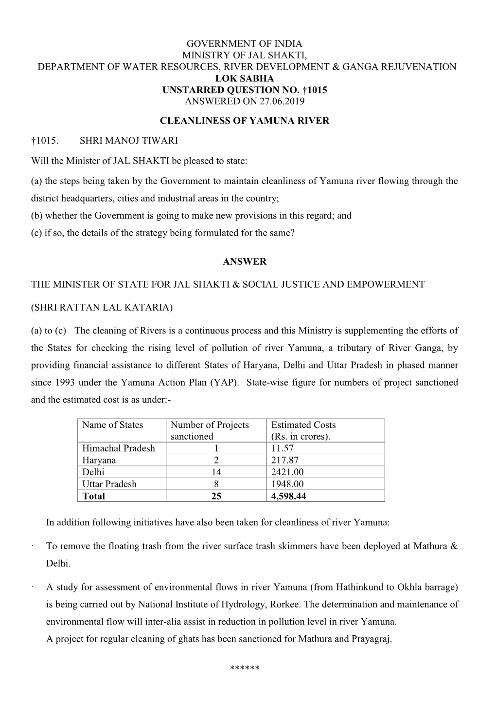 Government of India Ministry of Jal Shakti, Department of Water Resources, River Development & Ganga Rejuvenation Lok Sabha Unstarred Question No