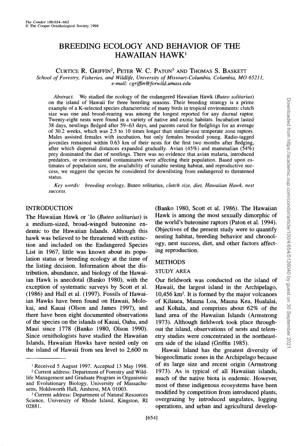 Breeding Ecology and Behavior of the Hawaiian Hawk ’