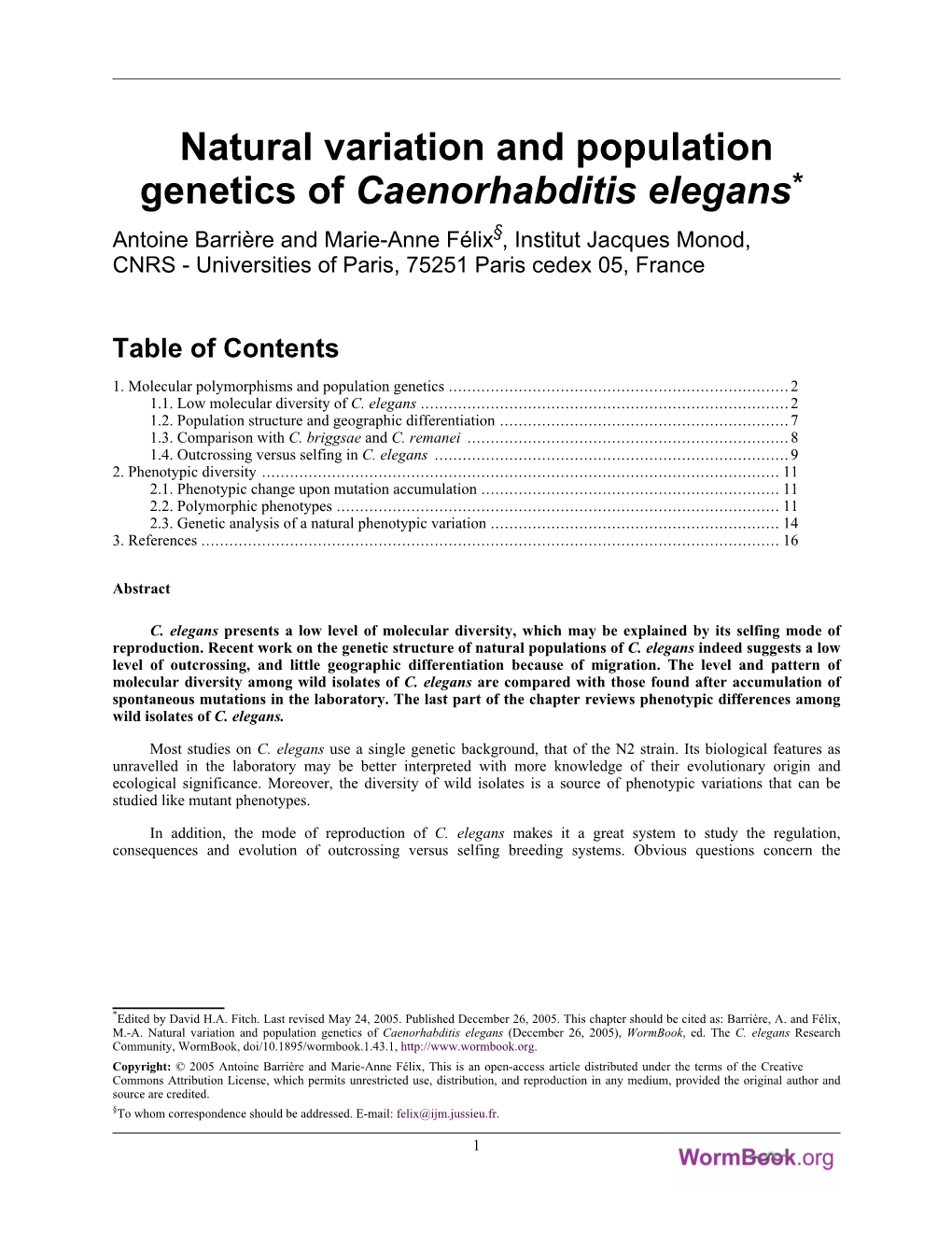 Natural Variation and Population Genetics of Caenorhabditis Elegans* §