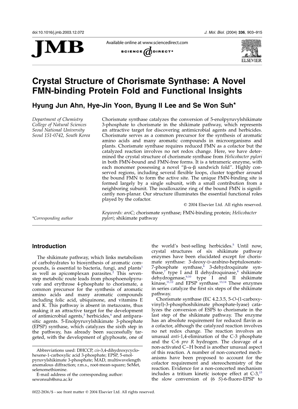 Crystal Structure of Chorismate Synthase: a Novel FMN-Binding Protein Fold and Functional Insights