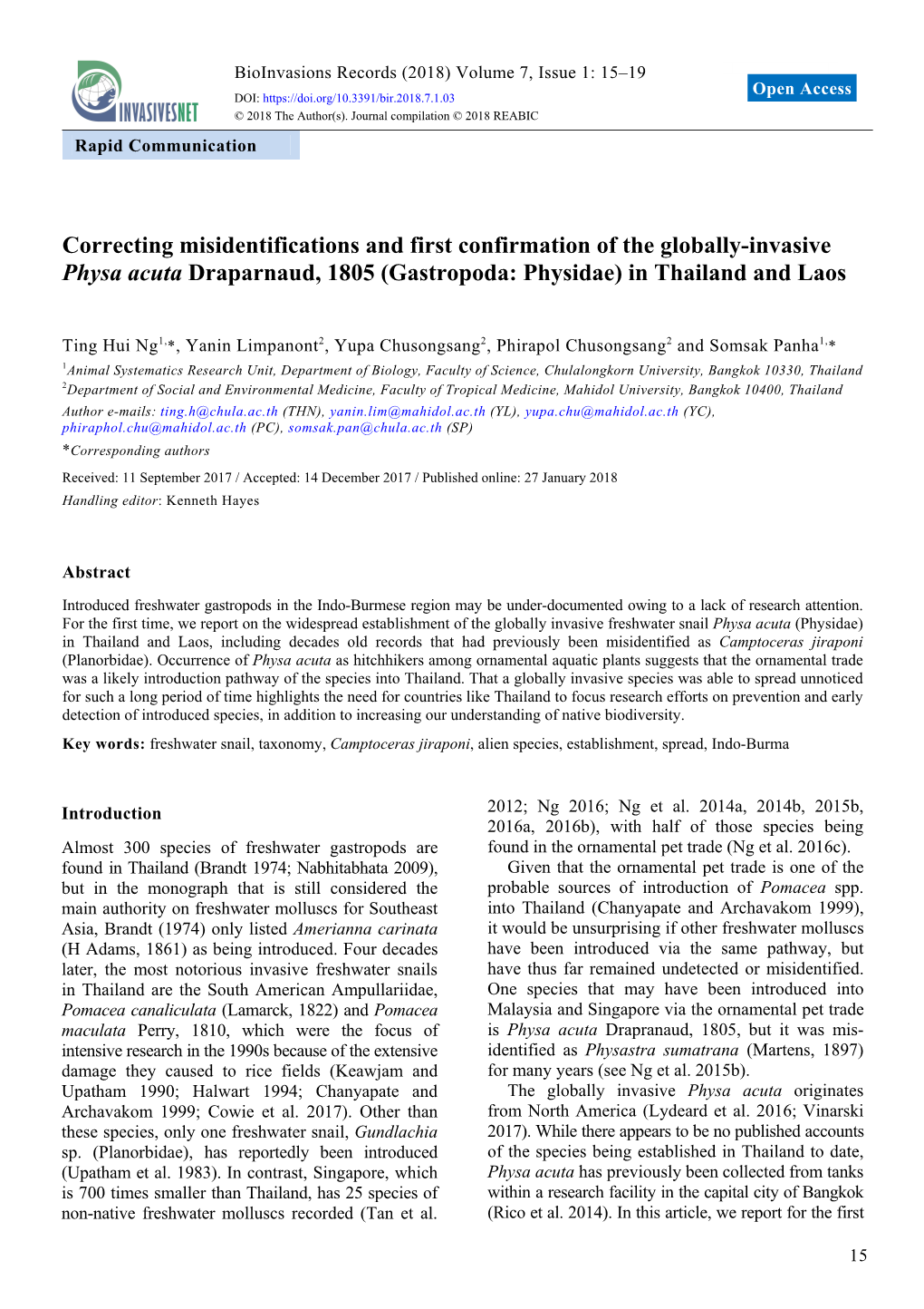 Correcting Misidentifications and First Confirmation of the Globally-Invasive Physa Acuta Draparnaud, 1805 (Gastropoda: Physidae) in Thailand and Laos