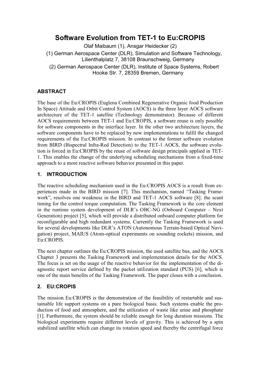 Software Evolution from TET-1 to Eu:CROPIS