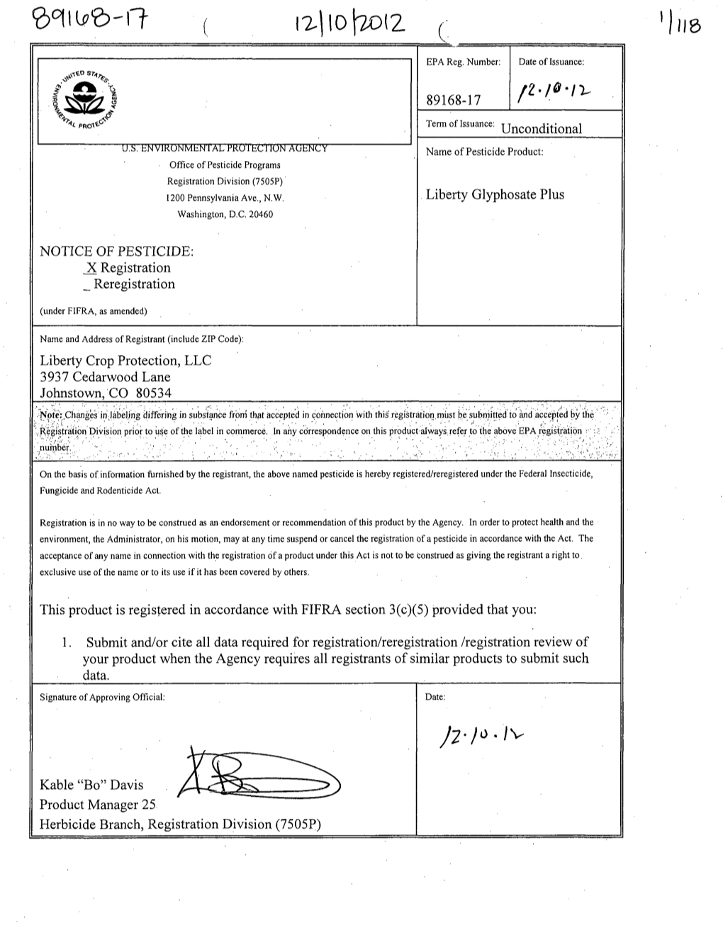 US EPA, Pesticide Product Label, LIBERTY GLYPHOSATE PLUS, 12/10/2012