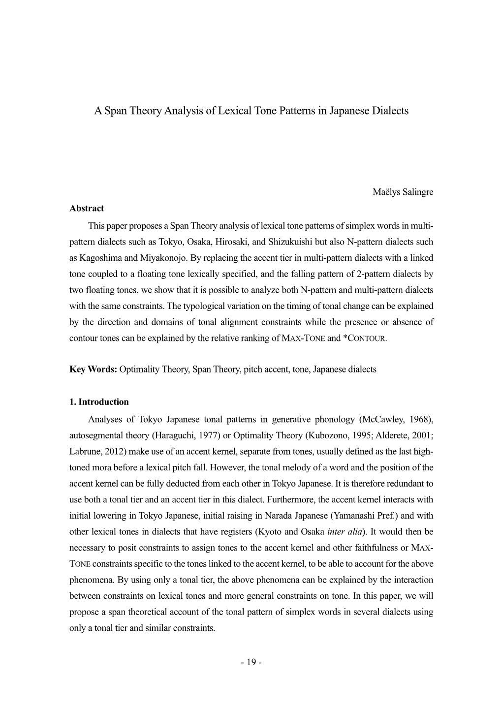 A Span Theory Analysis of Lexical Tone Patterns in Japanese Dialects