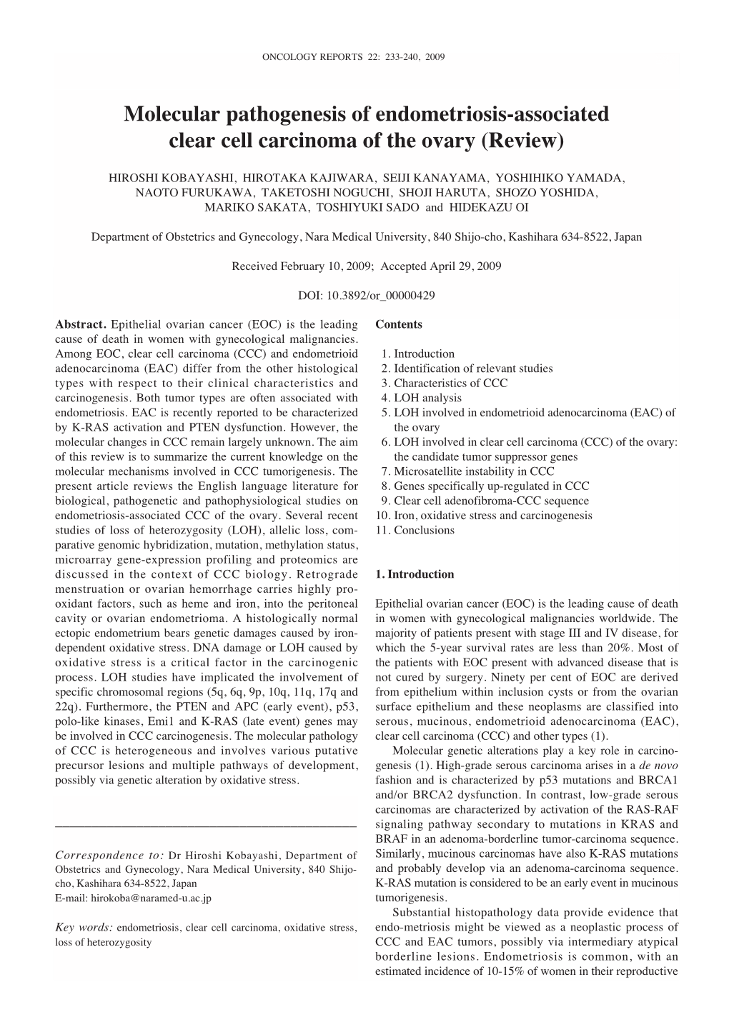 Molecular Pathogenesis of Endometriosis-Associated Clear Cell Carcinoma of the Ovary (Review)