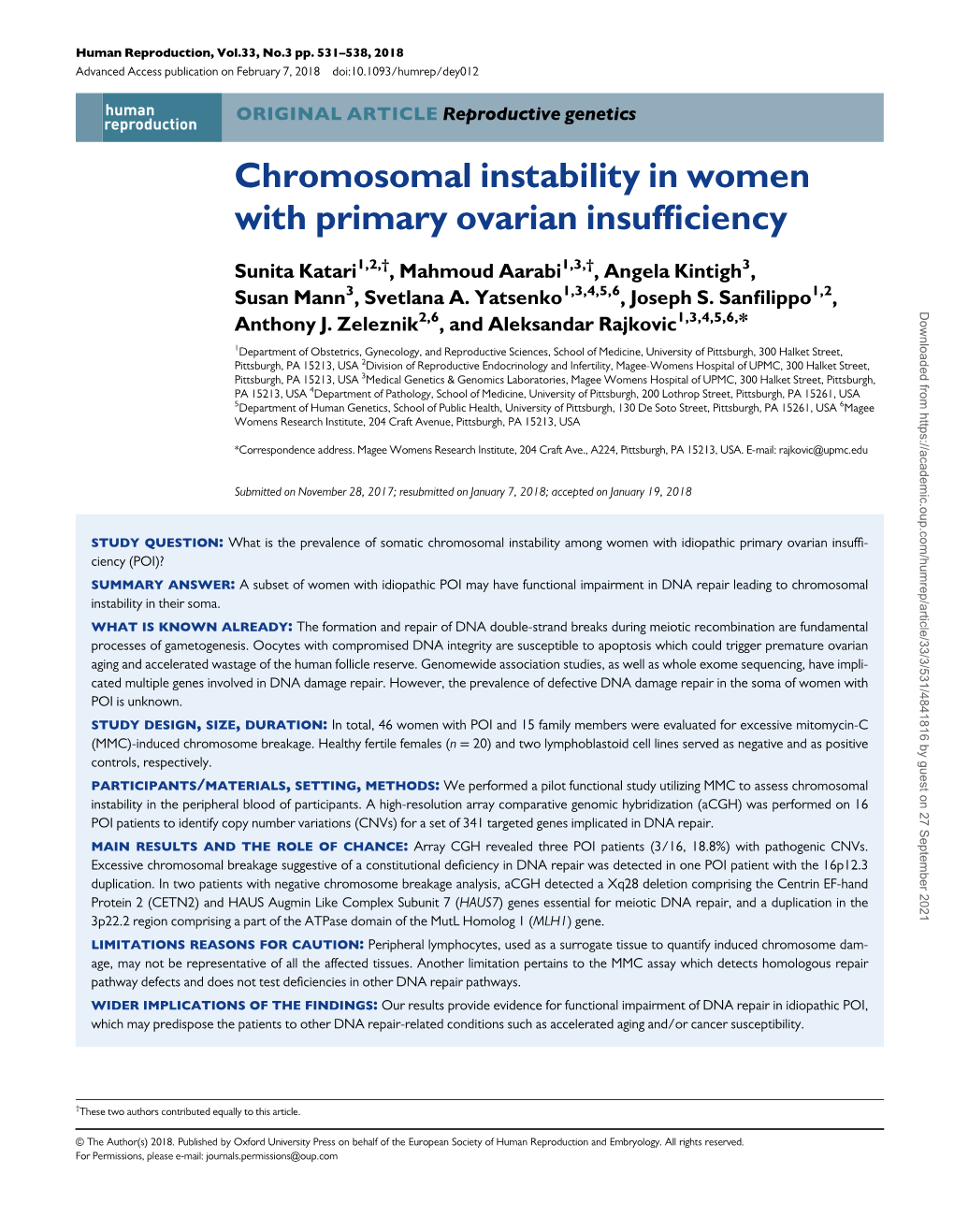 Chromosomal Instability in Women with Primary Ovarian Insufficiency