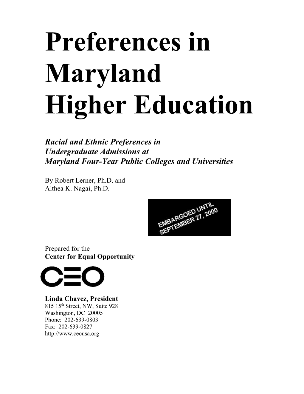 Racial Preferences in Maryland Higher Education