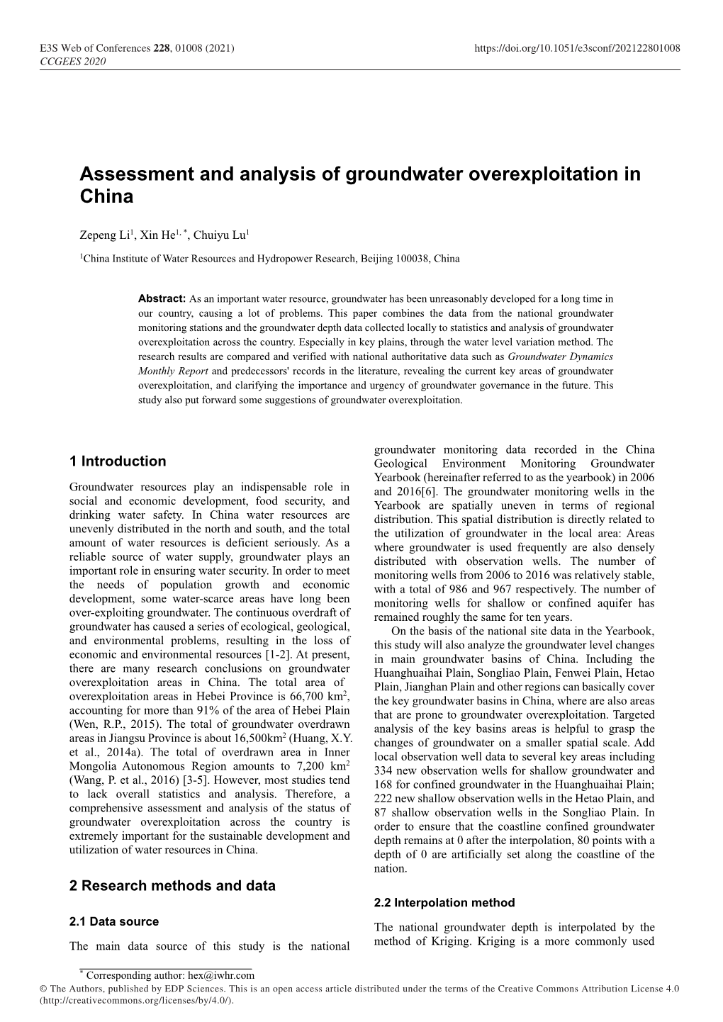 Assessment and Analysis of Groundwater Overexploitation in China