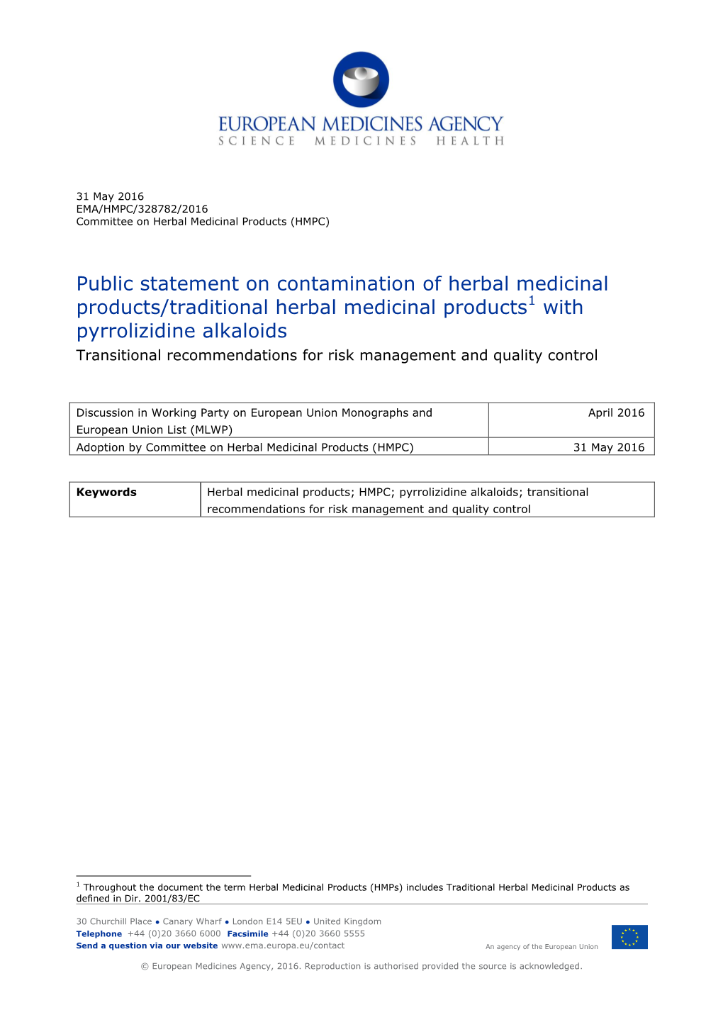 Public Statement on Contamination of Herbal Medicinal Products