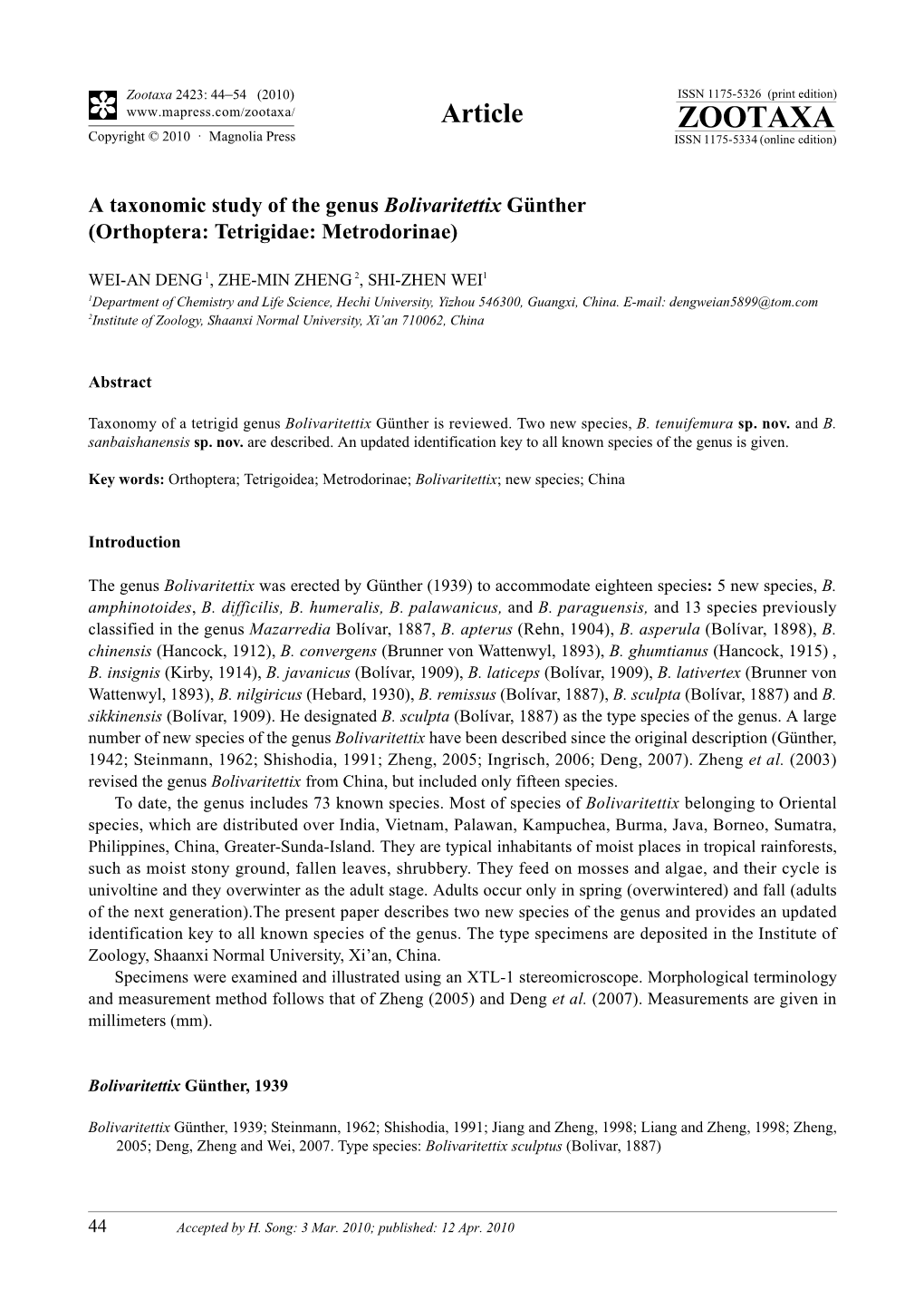 Zootaxa, a Taxonomic Study of the Genus Bolivaritettix Günther