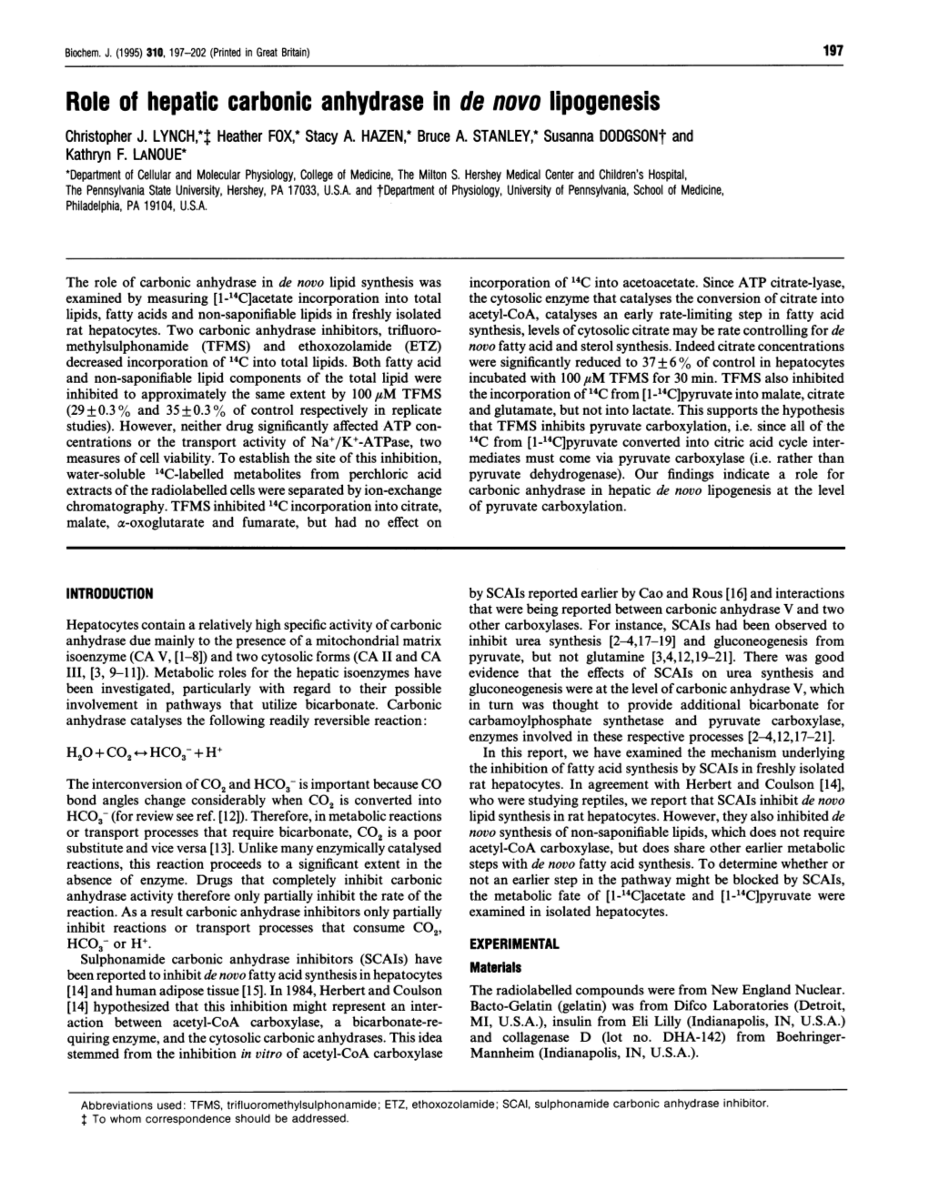 Role of Hepatic Carbonic Anhydrase in De Novo Lipogenesis Christopher J