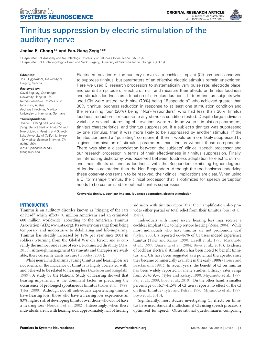 Tinnitus Suppression by Electric Stimulation of the Auditory Nerve