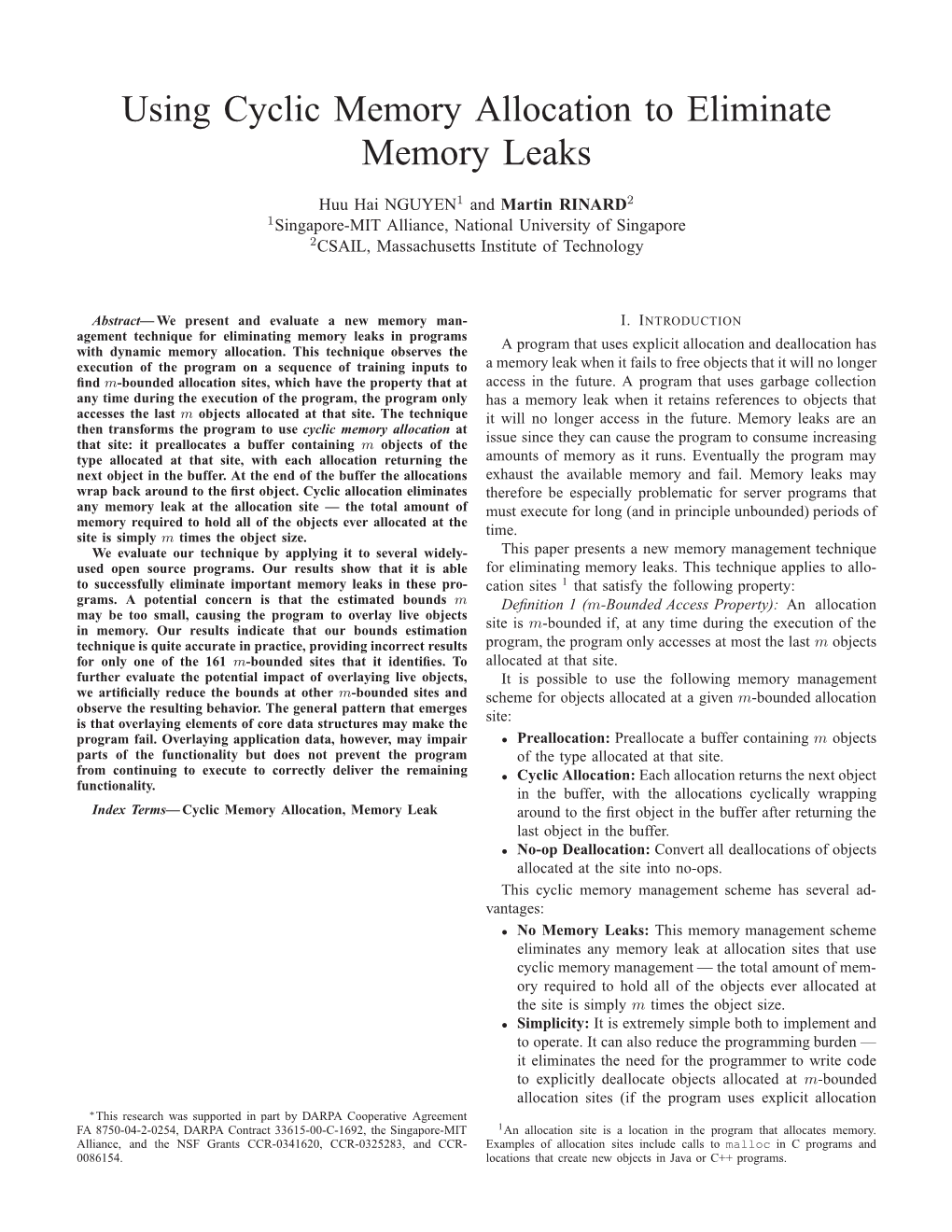 Using Cyclic Memory Allocation to Eliminate Memory Leaks