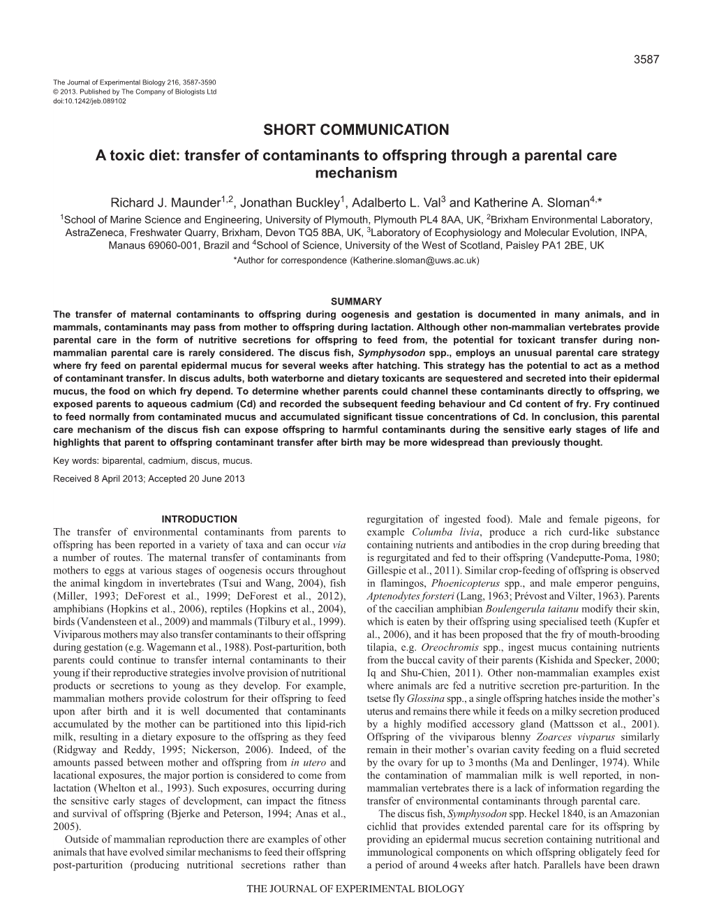 Transfer of Contaminants to Offspring Through a Parental Care Mechanism