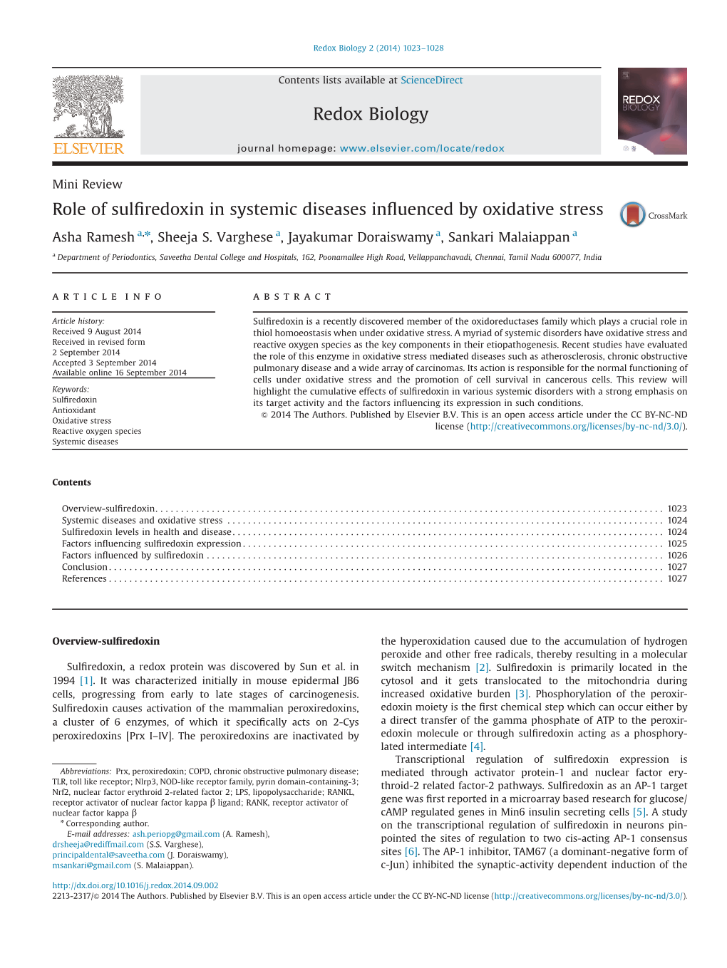 Role of Sulfiredoxin in Systemic Diseases Influenced by Oxidative Stress