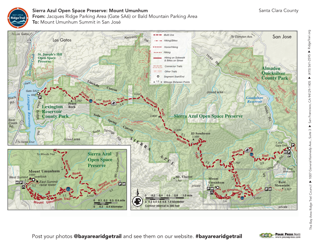 Mount Umunhum Santa Clara County From: Jacques Ridge Parking Area (Gate SA6) Or Bald Mountain Parking Area To: Mount Umunhum Summit in San José Bay Area Ridge Trail