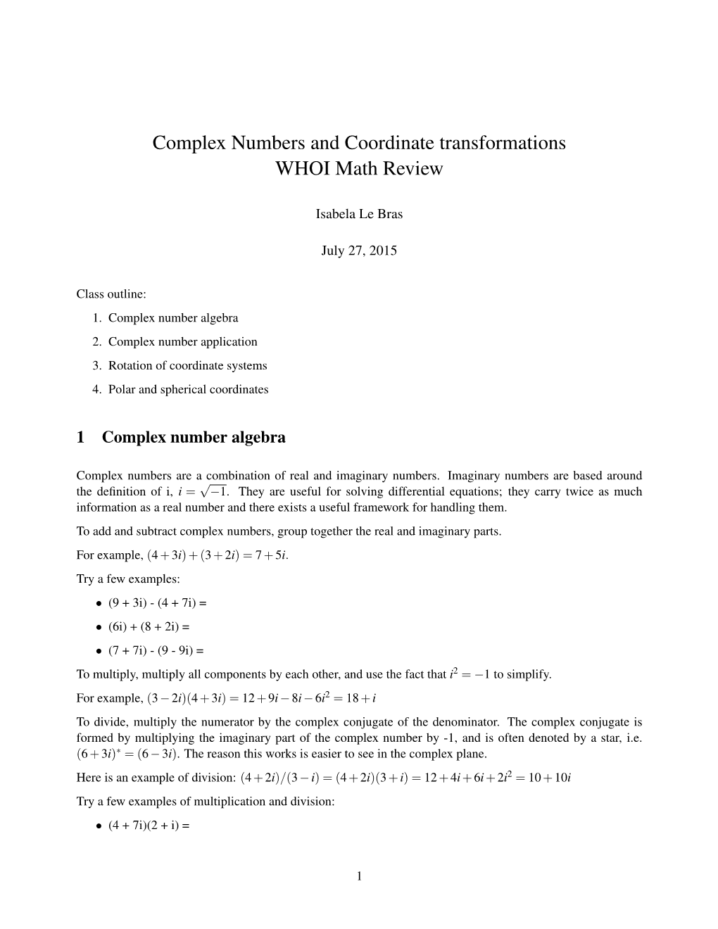 Complex Numbers and Coordinate Transformations WHOI Math Review