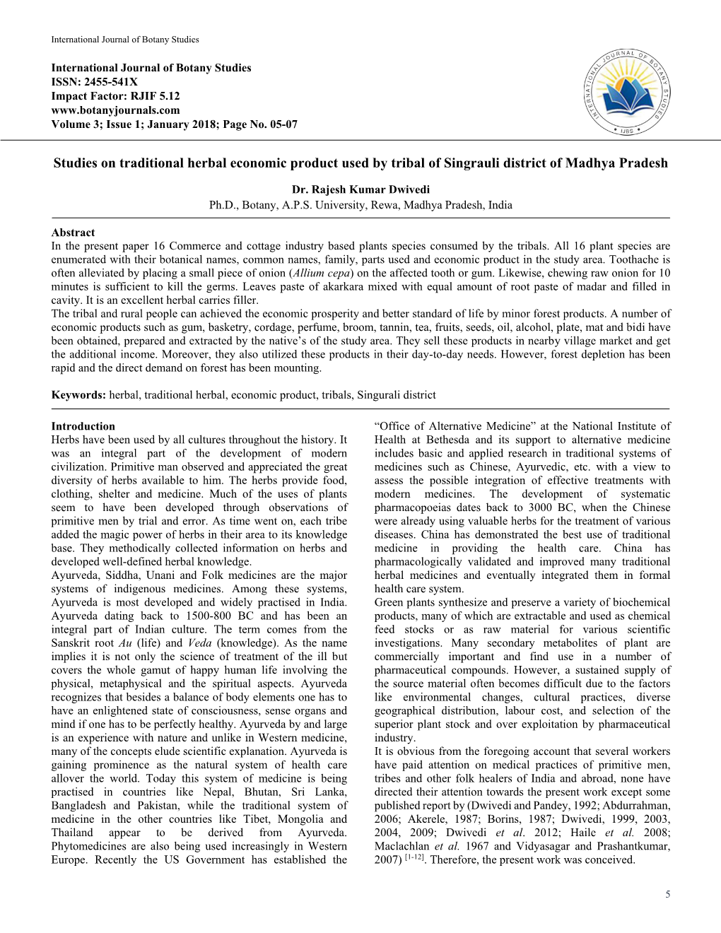 Studies on Traditional Herbal Economic Product Used by Tribal of Singrauli District of Madhya Pradesh