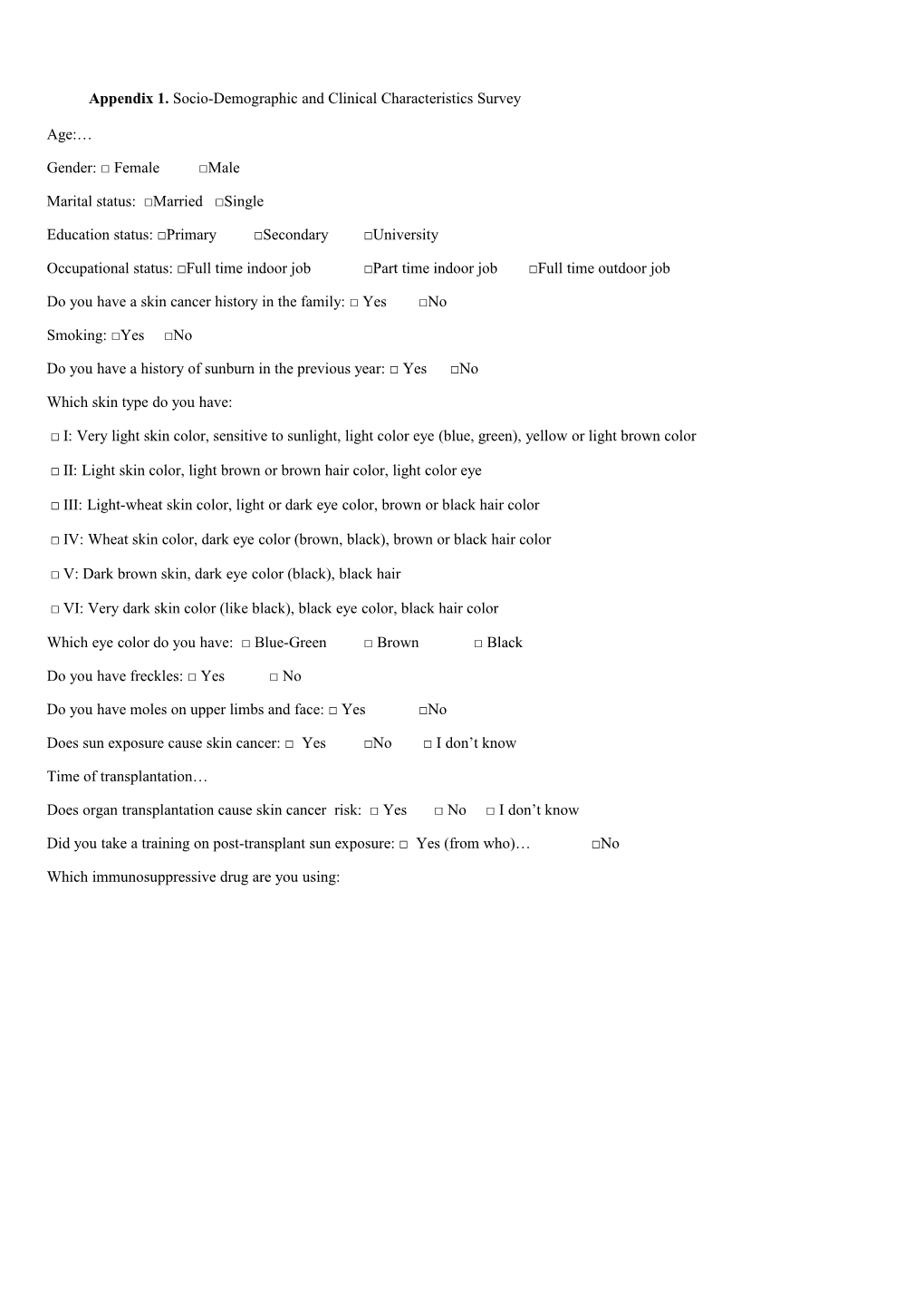 Appendix 1. Socio-Demographic and Clinical Characteristics Survey