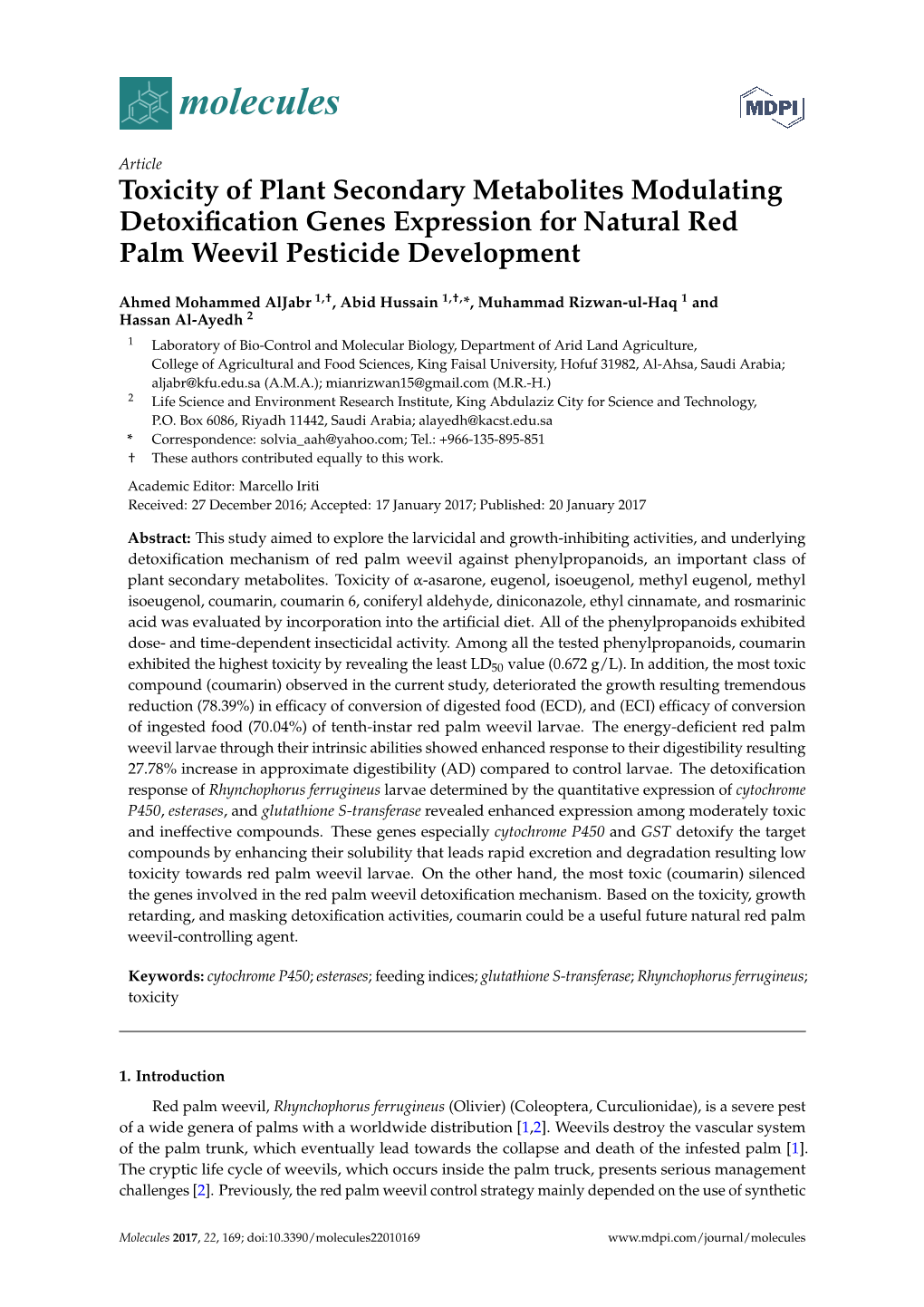 Toxicity of Plant Secondary Metabolites Modulating Detoxiﬁcation Genes Expression for Natural Red Palm Weevil Pesticide Development