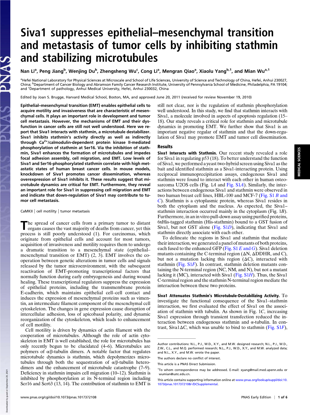 Siva1 Suppresses Epithelial–Mesenchymal Transition and Metastasis of Tumor Cells by Inhibiting Stathmin and Stabilizing Microtubules