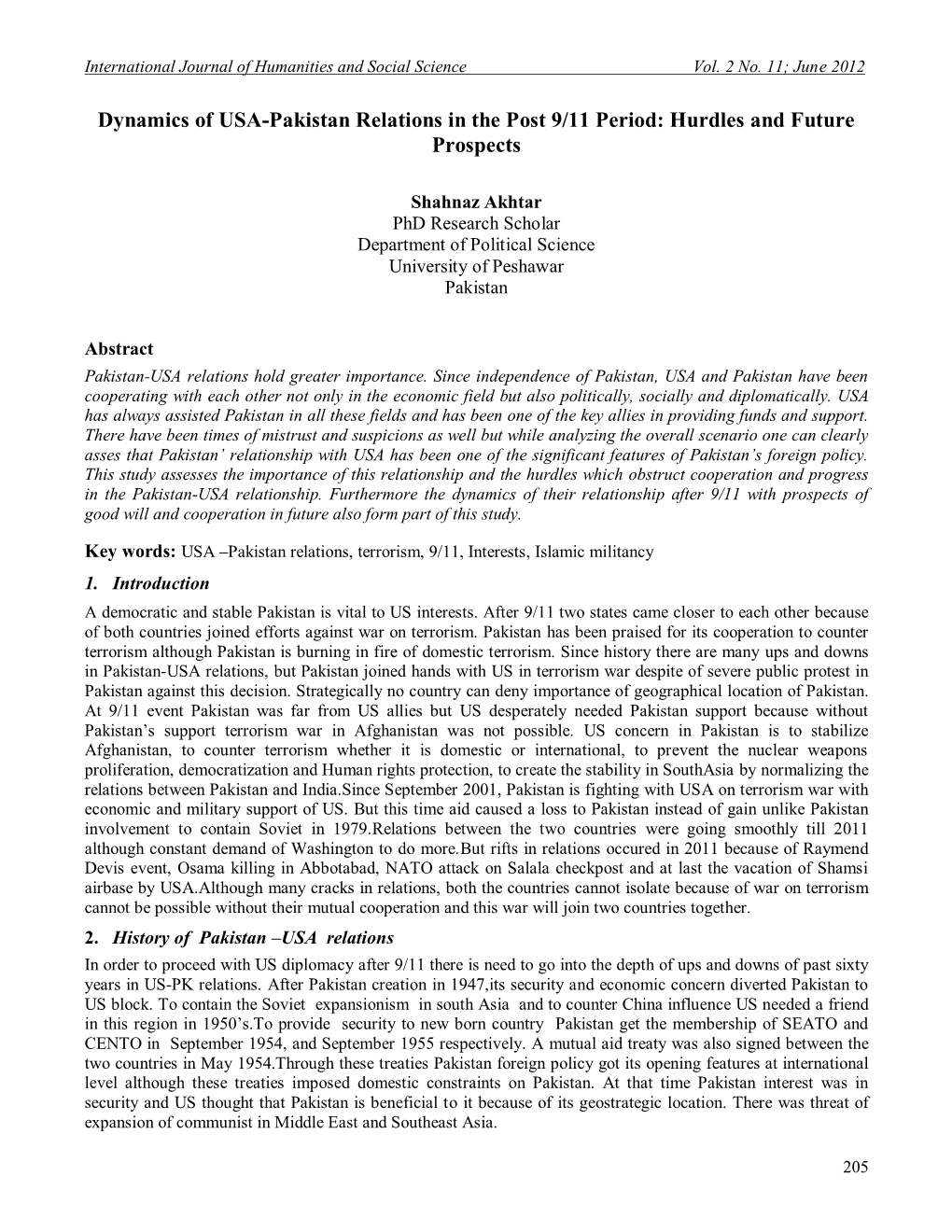 Dynamics of USA-Pakistan Relations in the Post 9/11 Period: Hurdles and Future Prospects