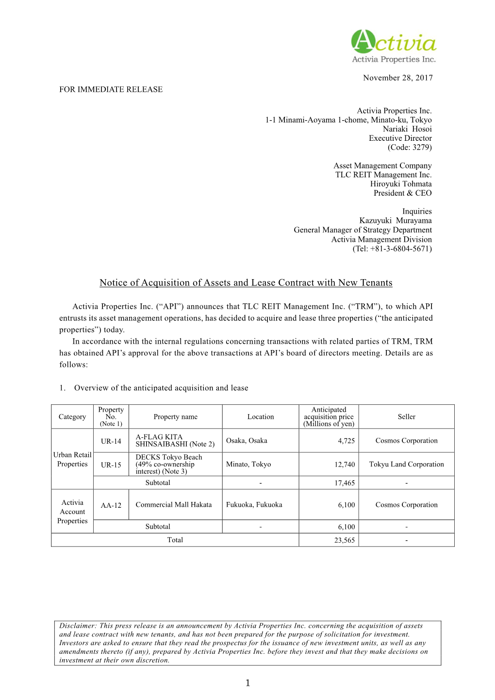 Notice of Acquisition of Assets and Lease Contract with New Tenants