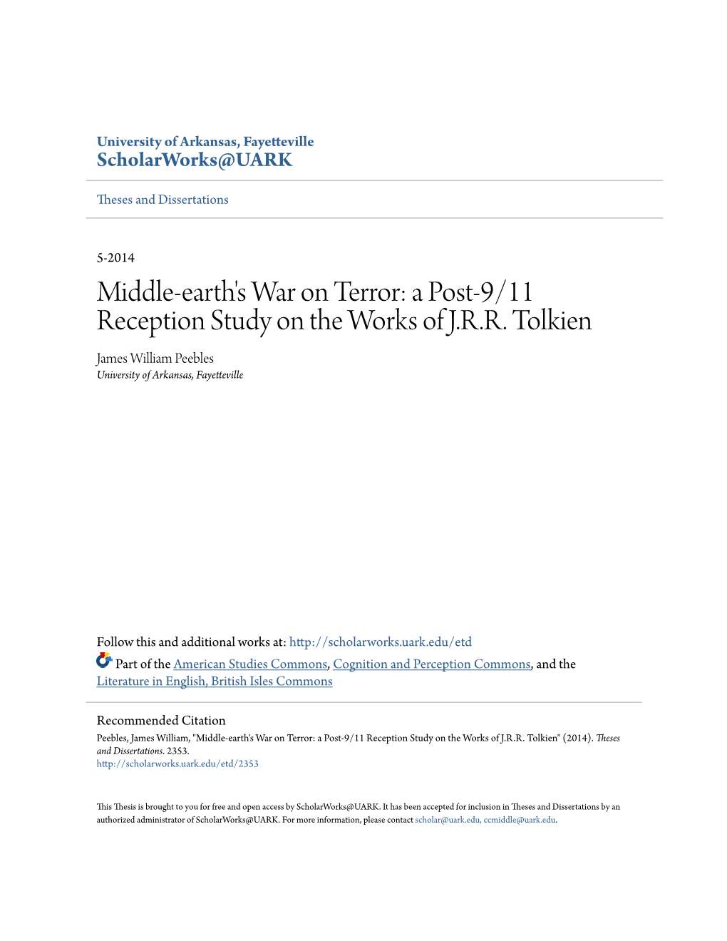 Middle-Earth's War on Terror: a Post-9/11 Reception Study on the Works of J.R.R