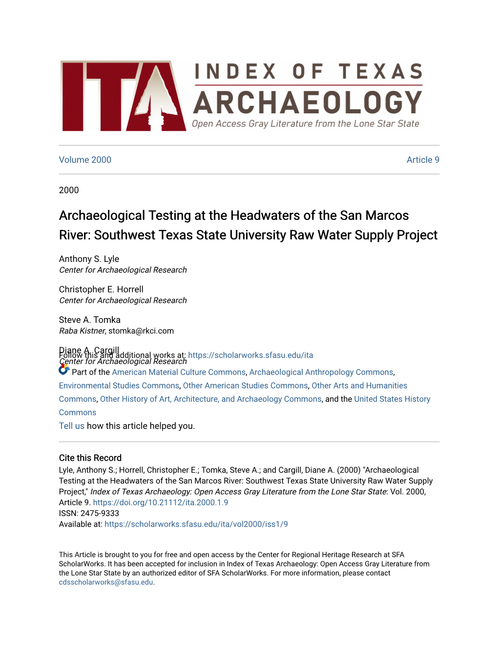 Archaeological Testing at the Headwaters of the San Marcos River: Southwest Texas State University Raw Water Supply Project