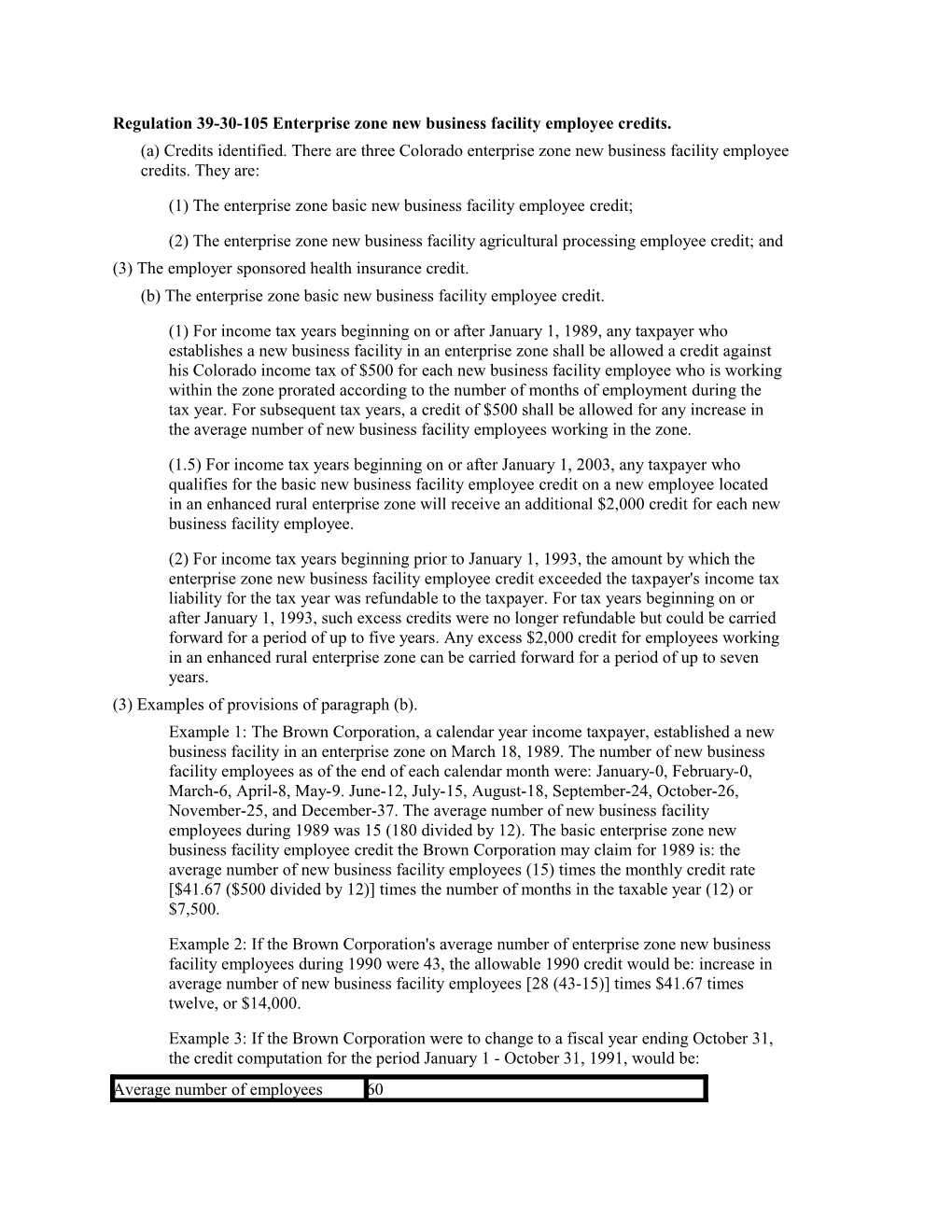 Regulation 39-30-105 Enterprise Zone New Business Facility Employee Credits