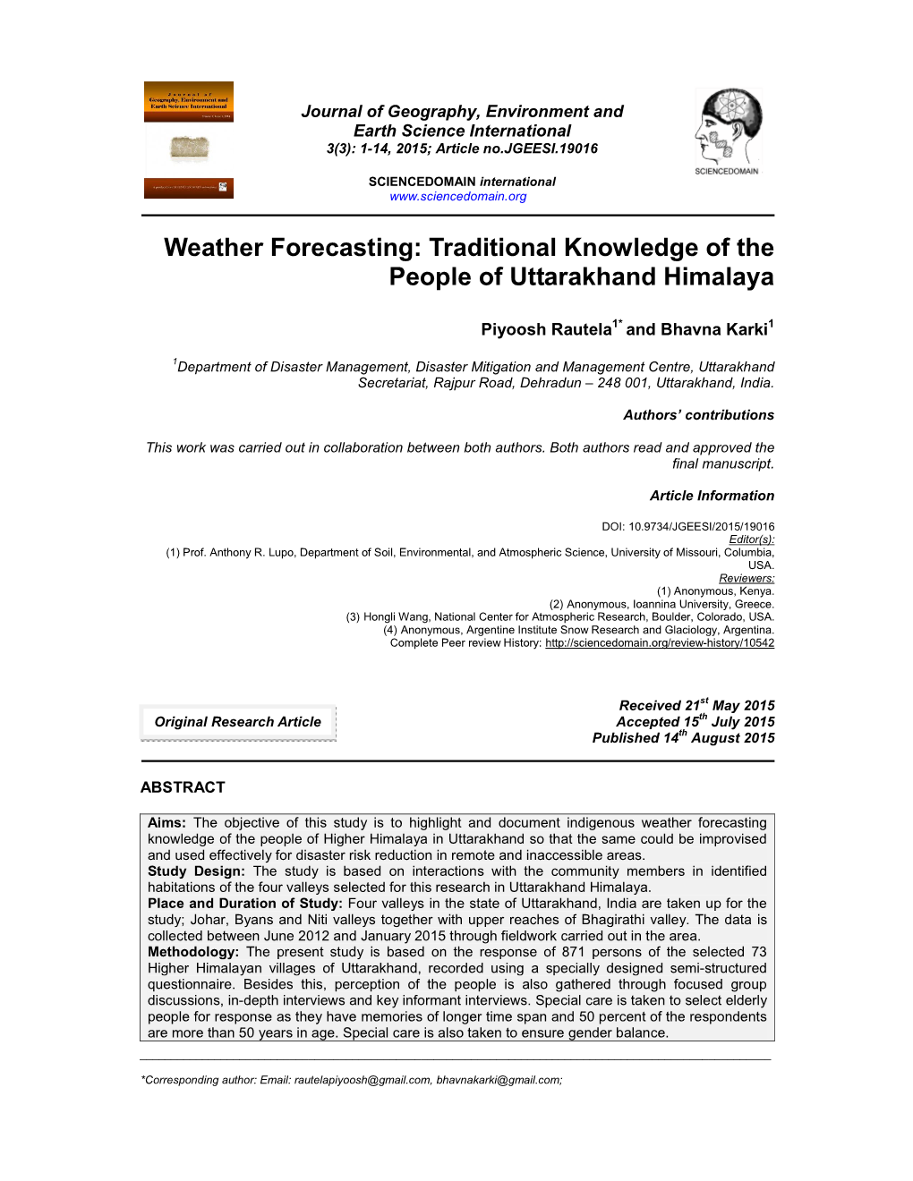 Weather Forecasting: Traditional Knowledge of the People of Uttarakhand Himalaya