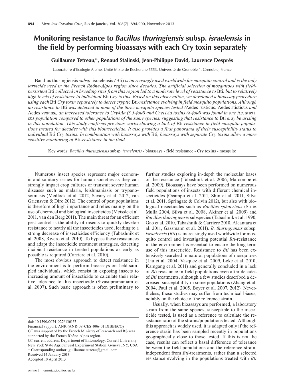 Monitoring Resistance to Bacillus Thuringiensis Subsp. Israelensis in the Field by Performing Bioassays with Each Cry Toxin Separately