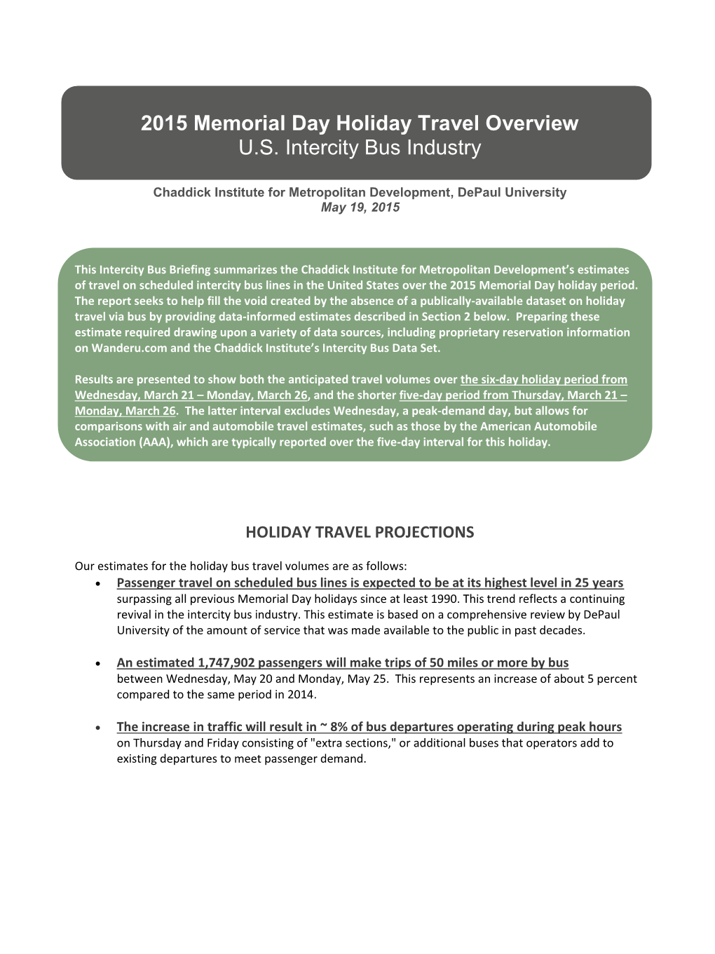 2015 Memorial Day Holiday Travel Overview: U.S