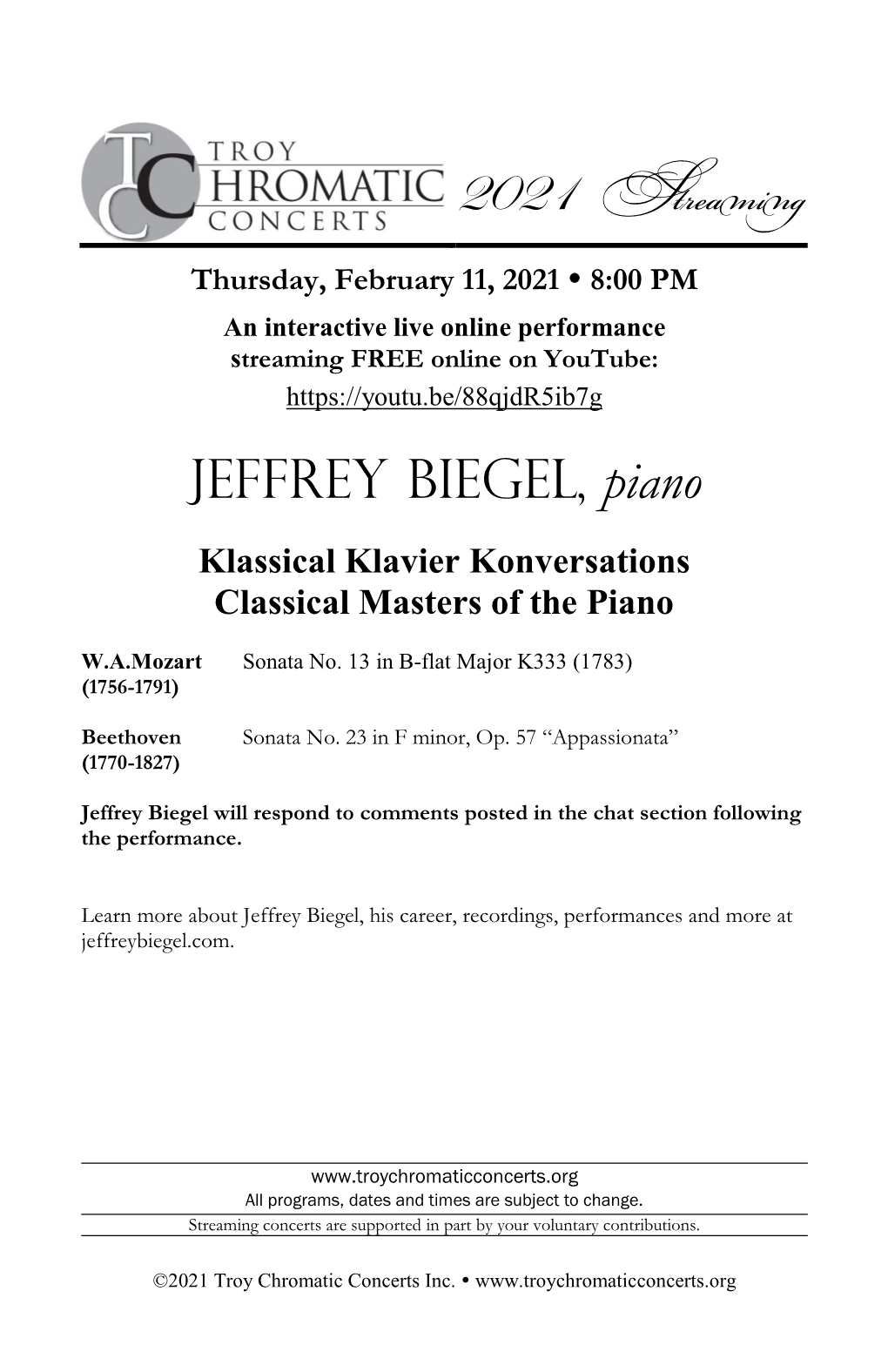 2021 Streaming JEFFREY BIEGEL, Piano