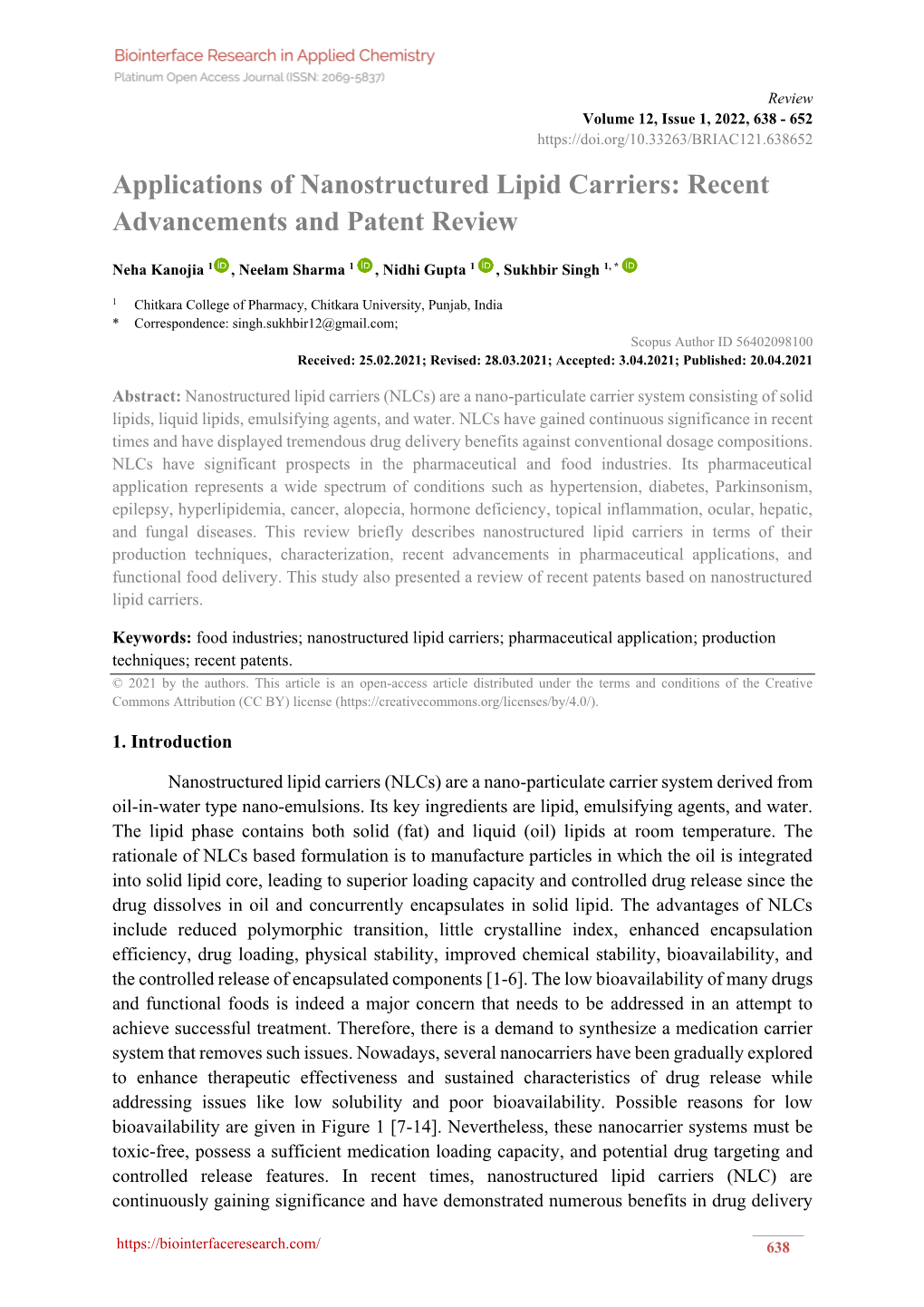 Applications of Nanostructured Lipid Carriers: Recent Advancements and Patent Review