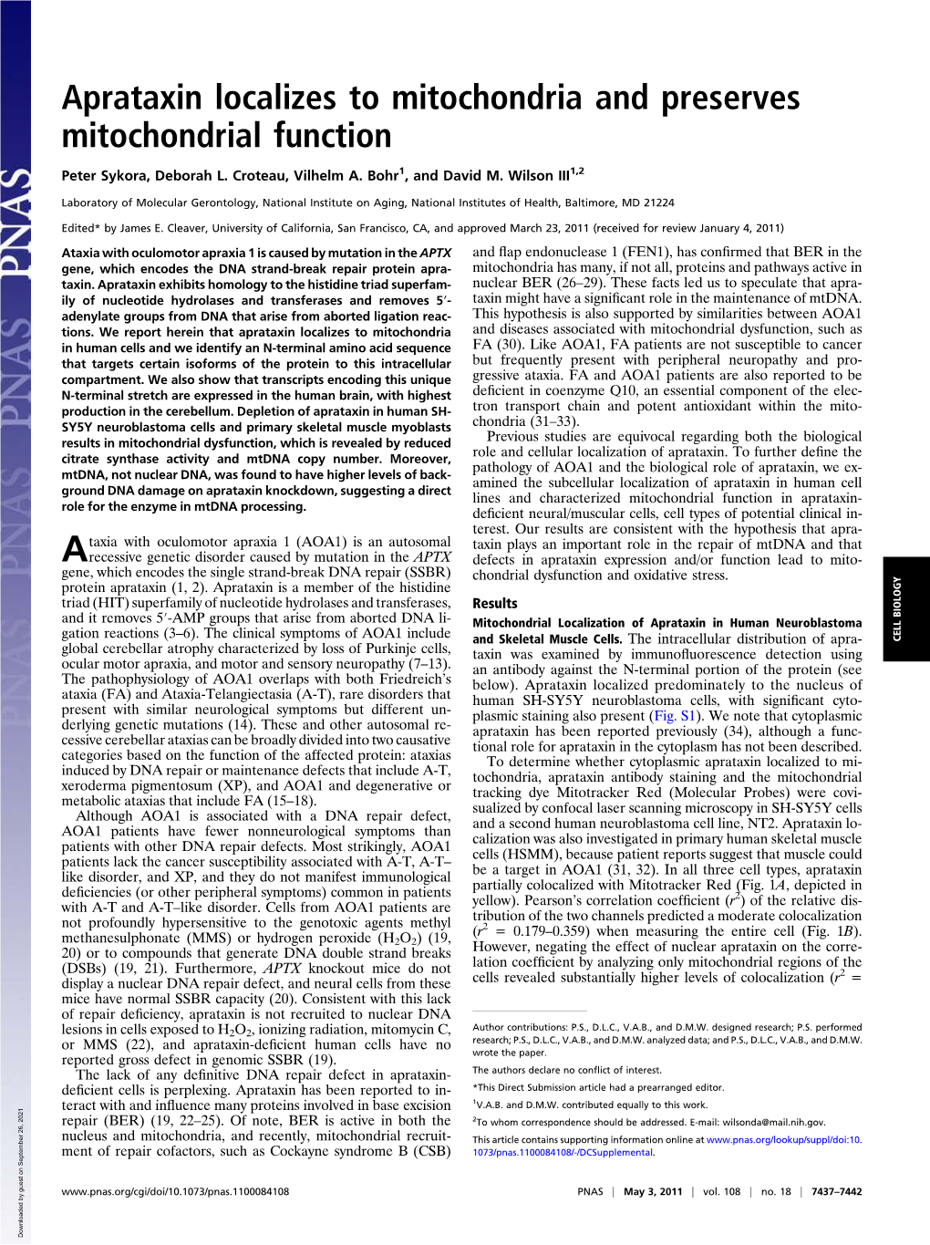 Aprataxin Localizes to Mitochondria and Preserves Mitochondrial Function