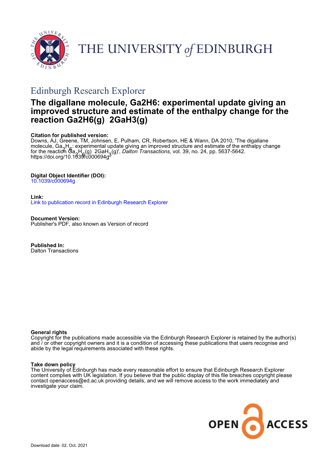 The Digallane Molecule, Ga2h6: Experimental Update Giving an Improved Structure and Estimate of the Enthalpy Change for the Reaction Ga2h6(G) 2Gah3(G)