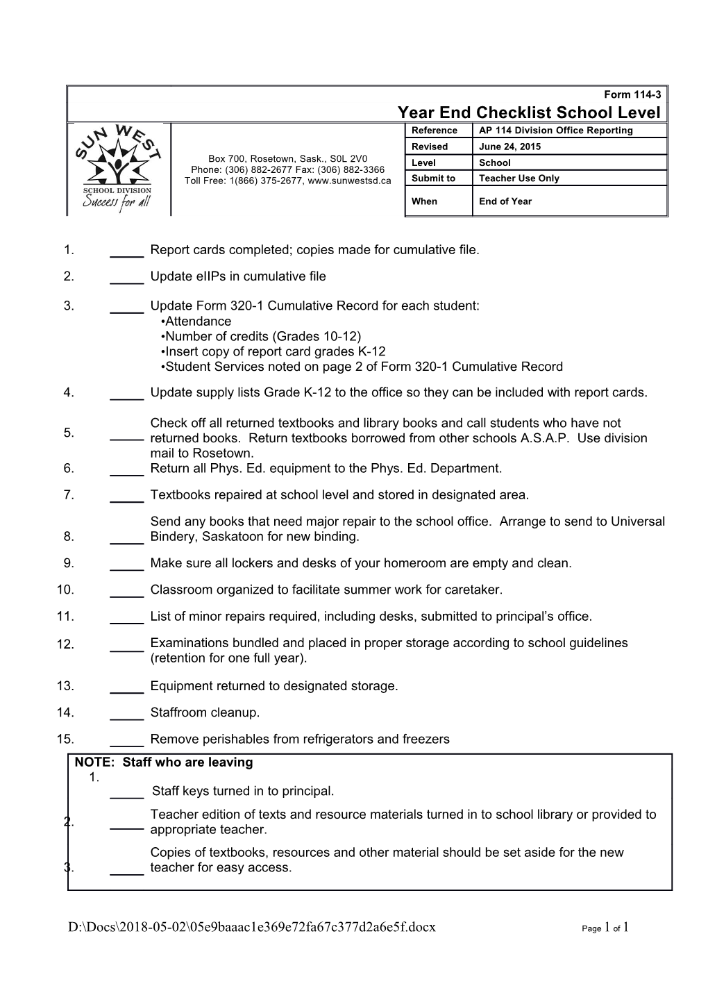 S: 4 Forms AP 100 General Administration 114-3 Year End Checklist School Level 150624 Page