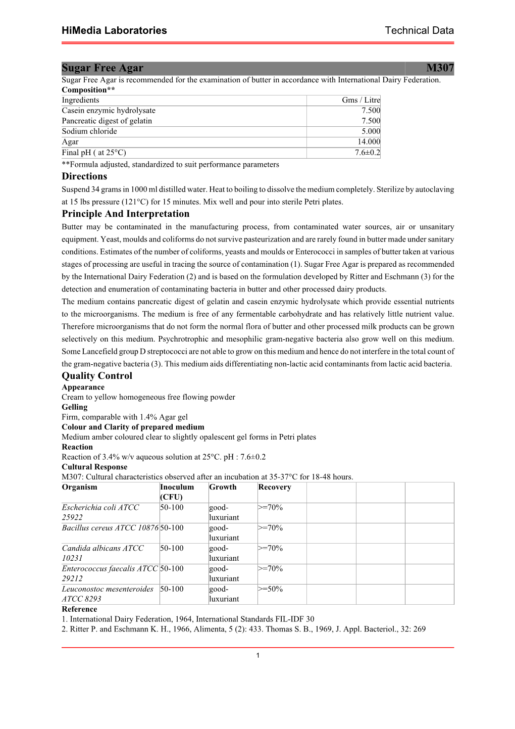 Sugar Free Agar M307 Sugar Free Agar Is Recommended for the Examination of Butter in Accordance with International Dairy Federation