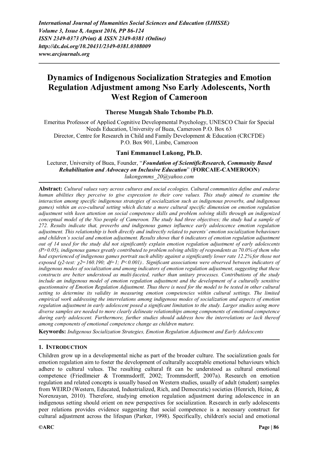 Dynamics of Indigenous Socialization Strategies and Emotion Regulation Adjustment Among Nso Early Adolescents, North West Region of Cameroon
