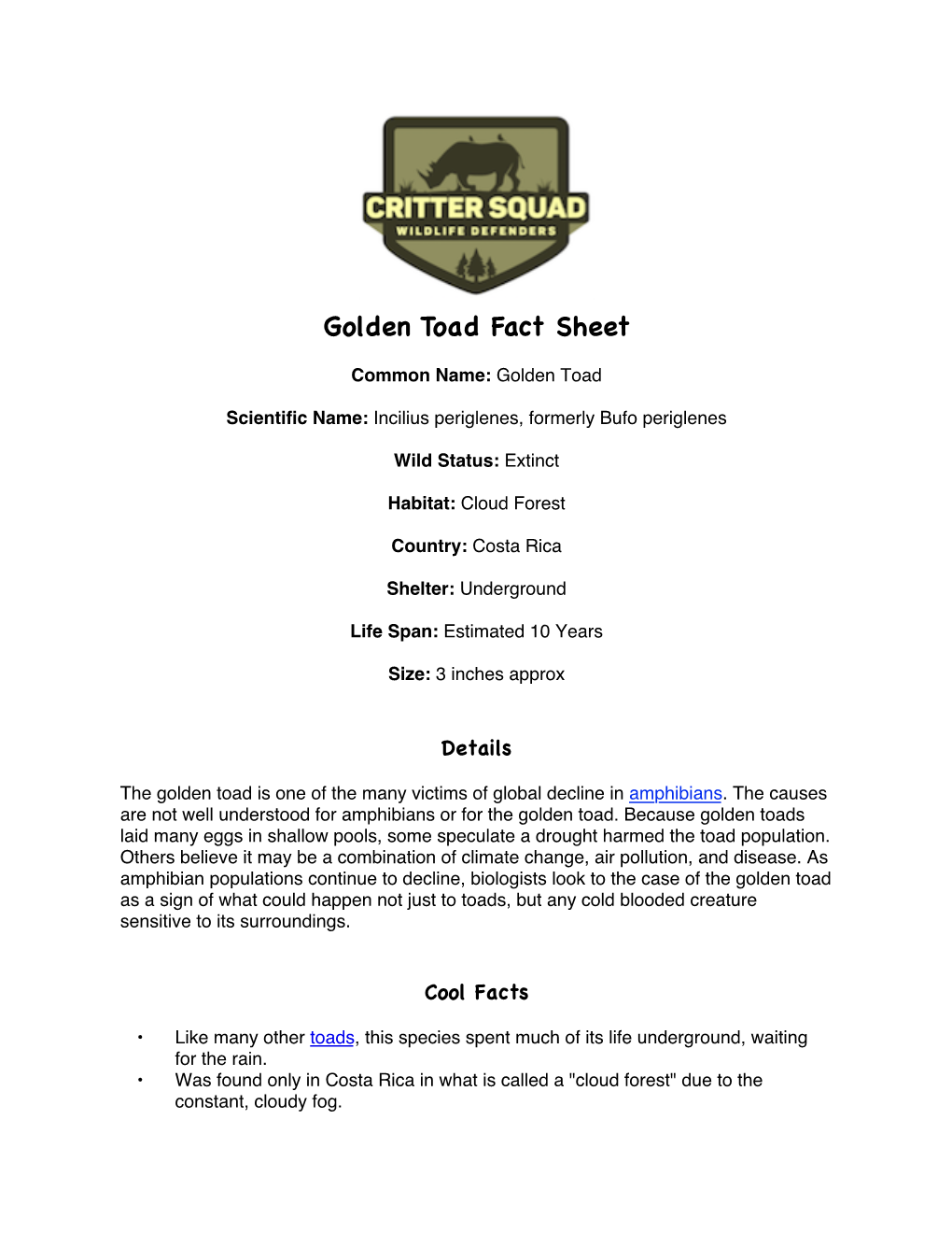 Golden Toad Fact Sheet