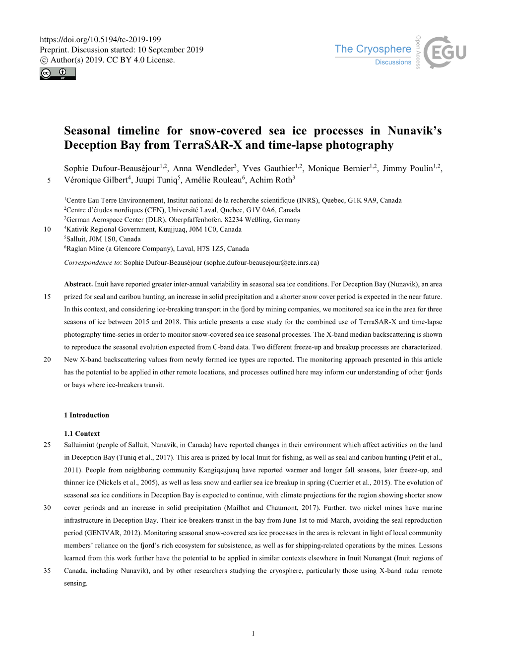 Seasonal Timeline for Snow-Covered Sea Ice Processes in Nunavik's