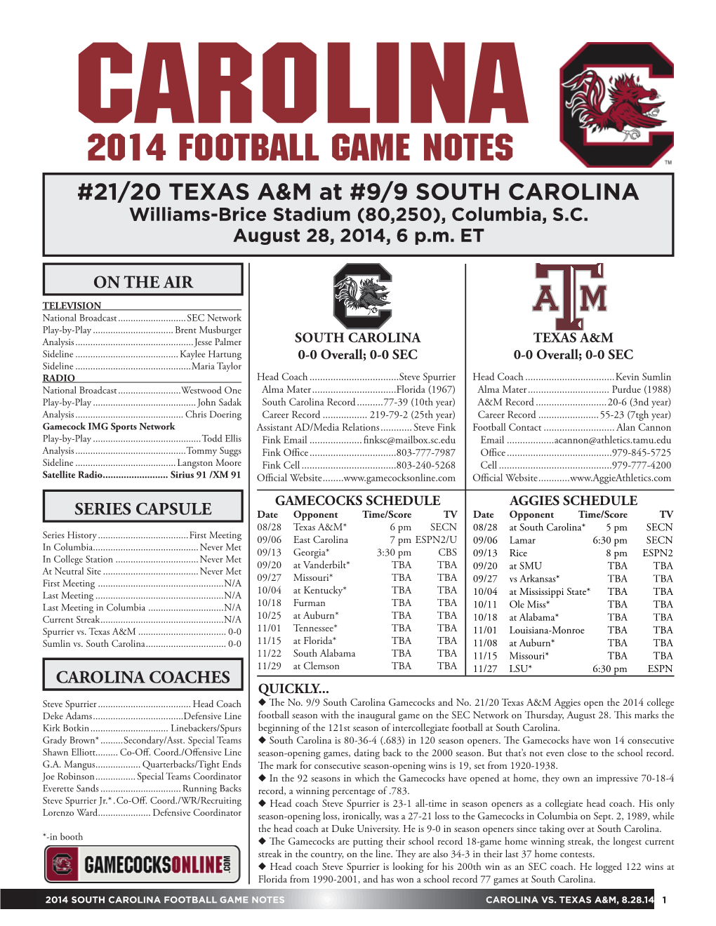 2014 FOOTBALL GAME NOTES #21/20 TEXAS A&M at #9/9 SOUTH CAROLINA Williams-Brice Stadium (80,250), Columbia, S.C