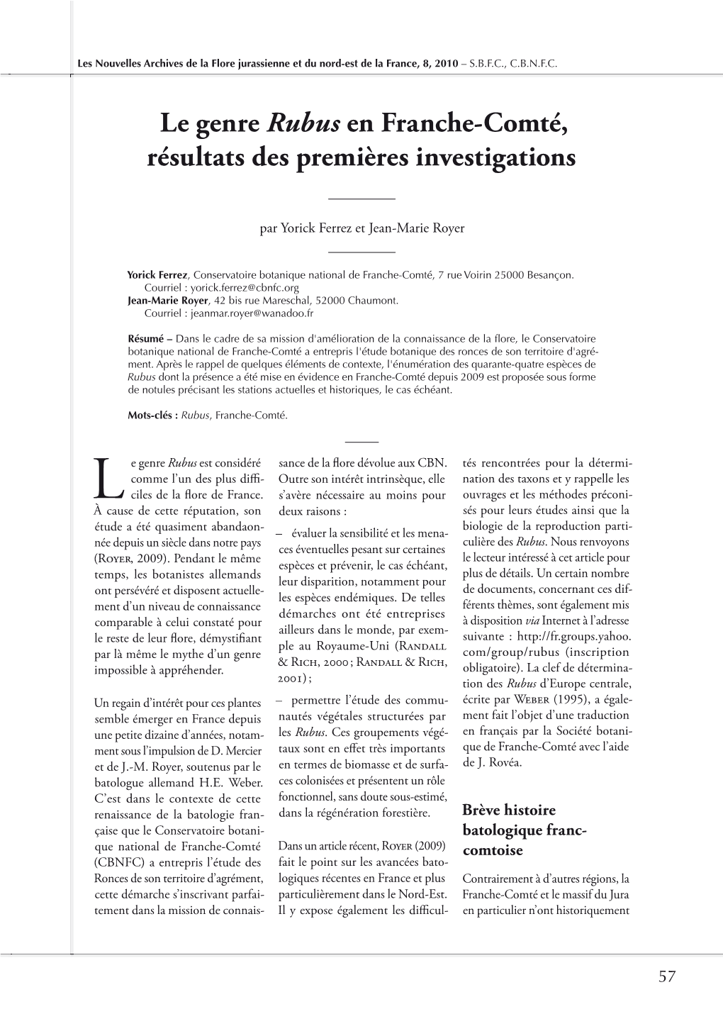 Rubus En Franche-Comté, Résultats Des Premières Investigations