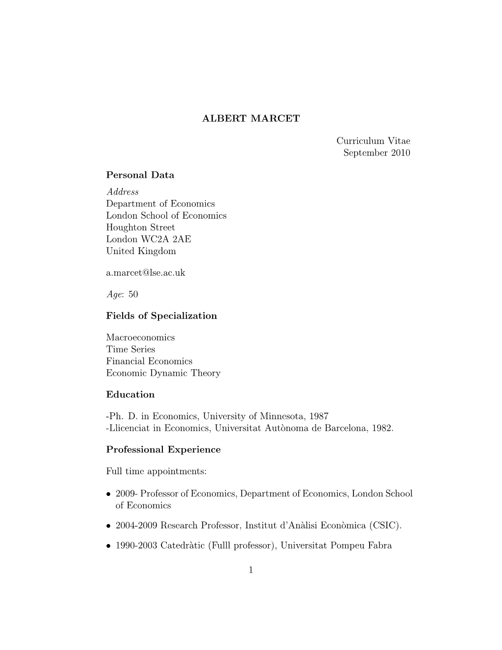 ALBERT MARCET Curriculum Vitae September 2010 Personal Data