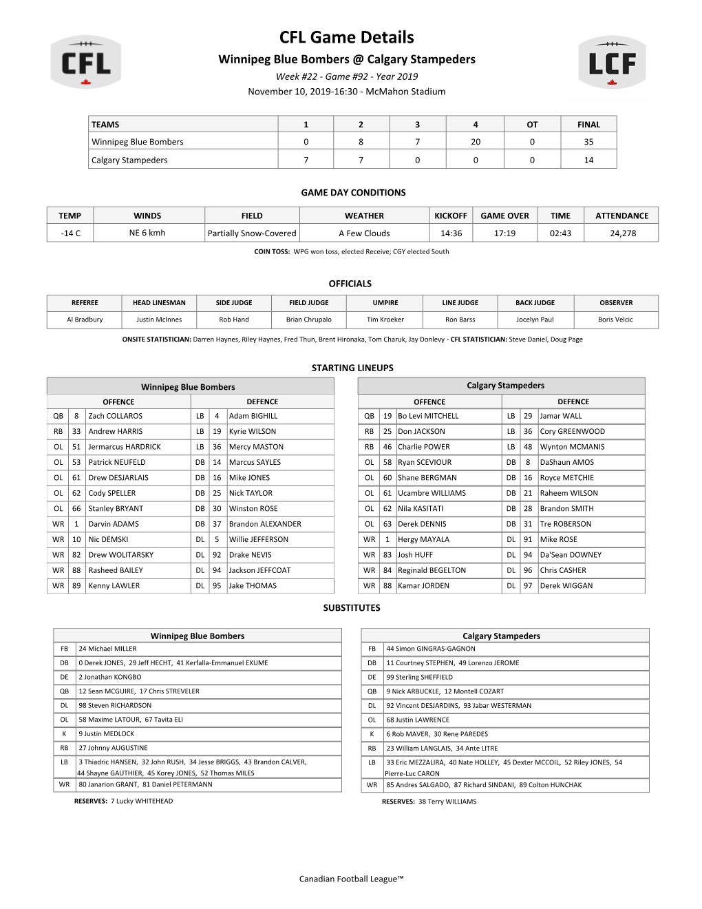 CFL Game Details Winnipeg Blue Bombers @ Calgary Stampeders Week #22 - Game #92 - Year 2019 November 10, 2019-16:30 - Mcmahon Stadium