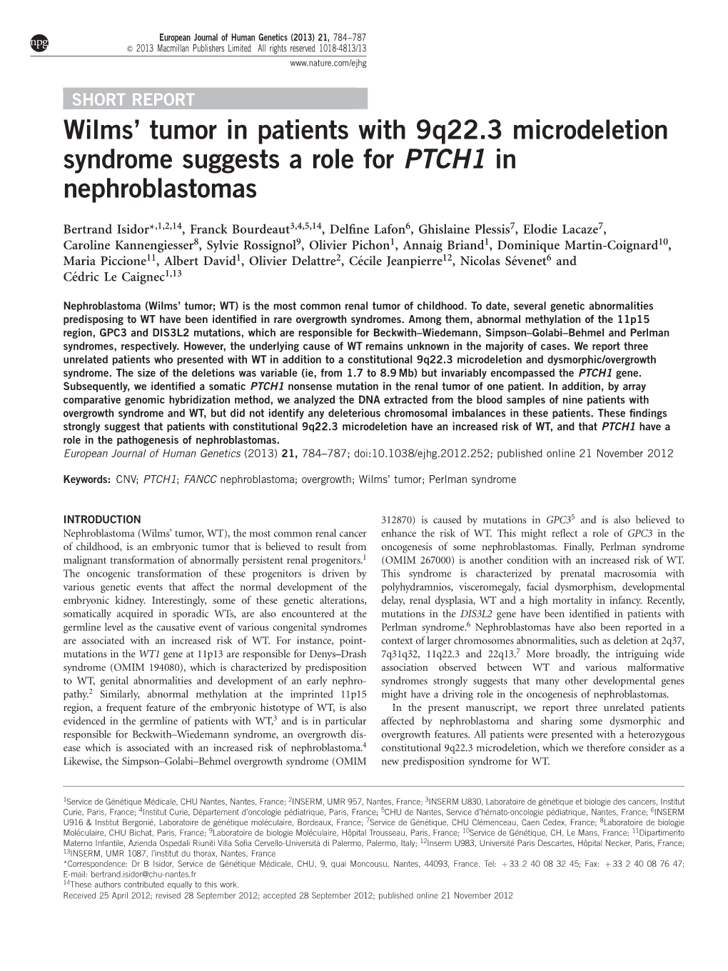 Tumor in Patients with 9Q22.3 Microdeletion Syndrome Suggests a Role for PTCH1 in Nephroblastomas