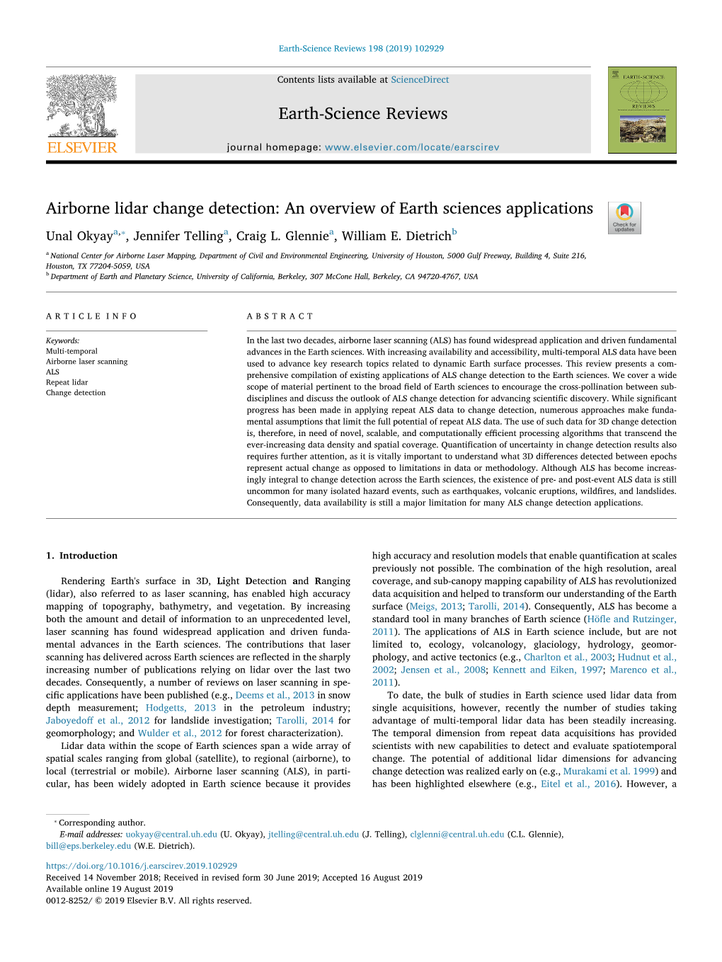 Airborne Lidar Change Detection an Overview of Earth Sciences