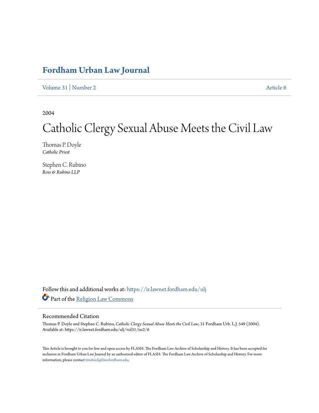 Catholic Clergy Sexual Abuse Meets the Civil Law Thomas P